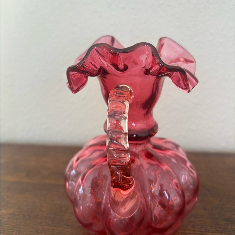 Vintage Fenton Cranberry Melon Ruffled Glass Pitcher Carafe 6" - Picture 2 of 9
